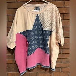 Oli & Hali Star Patchwork Tee - Pink, Blue, Cream frayed denim pockets oversized